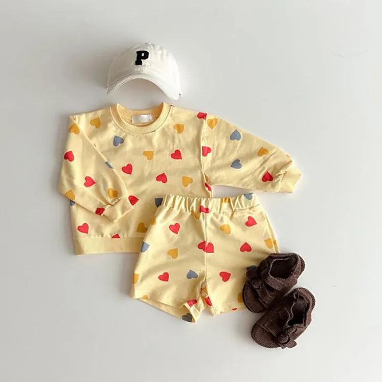 2 Pieces Set Baby Kid Girls Love heart Print Tops And Shorts Wholesale 231130112