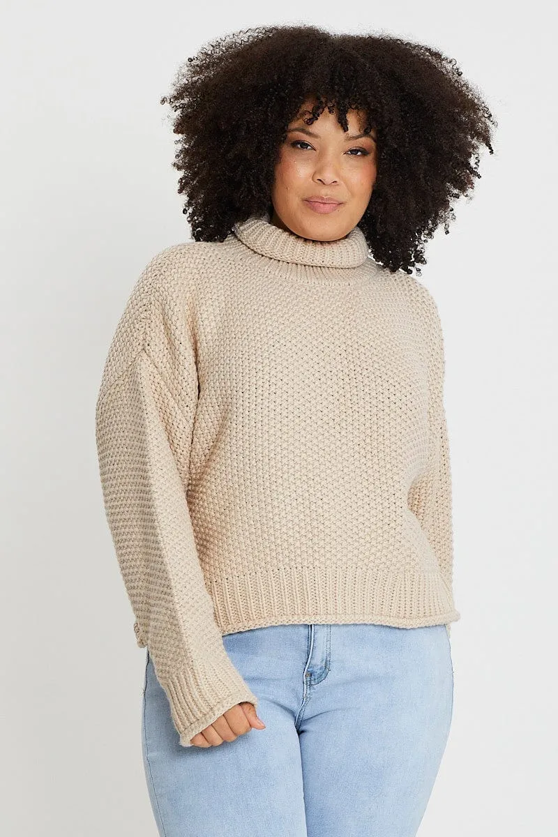 Beige Jumper Turtle Neck Long Sleeve Waffle Knit