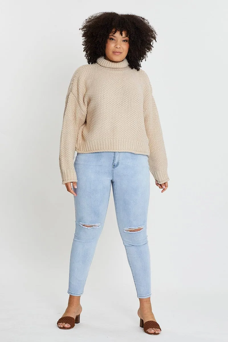 Beige Jumper Turtle Neck Long Sleeve Waffle Knit