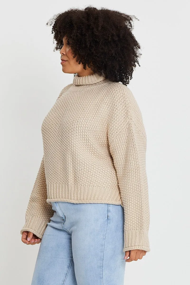 Beige Jumper Turtle Neck Long Sleeve Waffle Knit