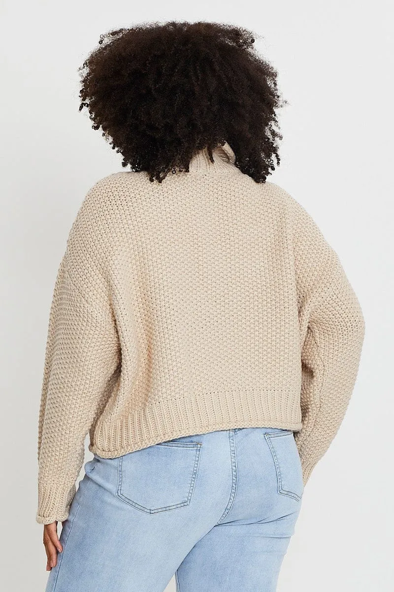 Beige Jumper Turtle Neck Long Sleeve Waffle Knit