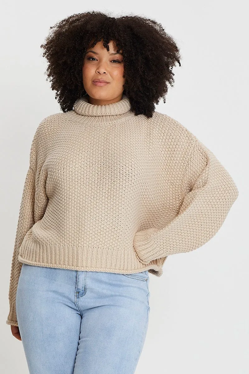 Beige Jumper Turtle Neck Long Sleeve Waffle Knit