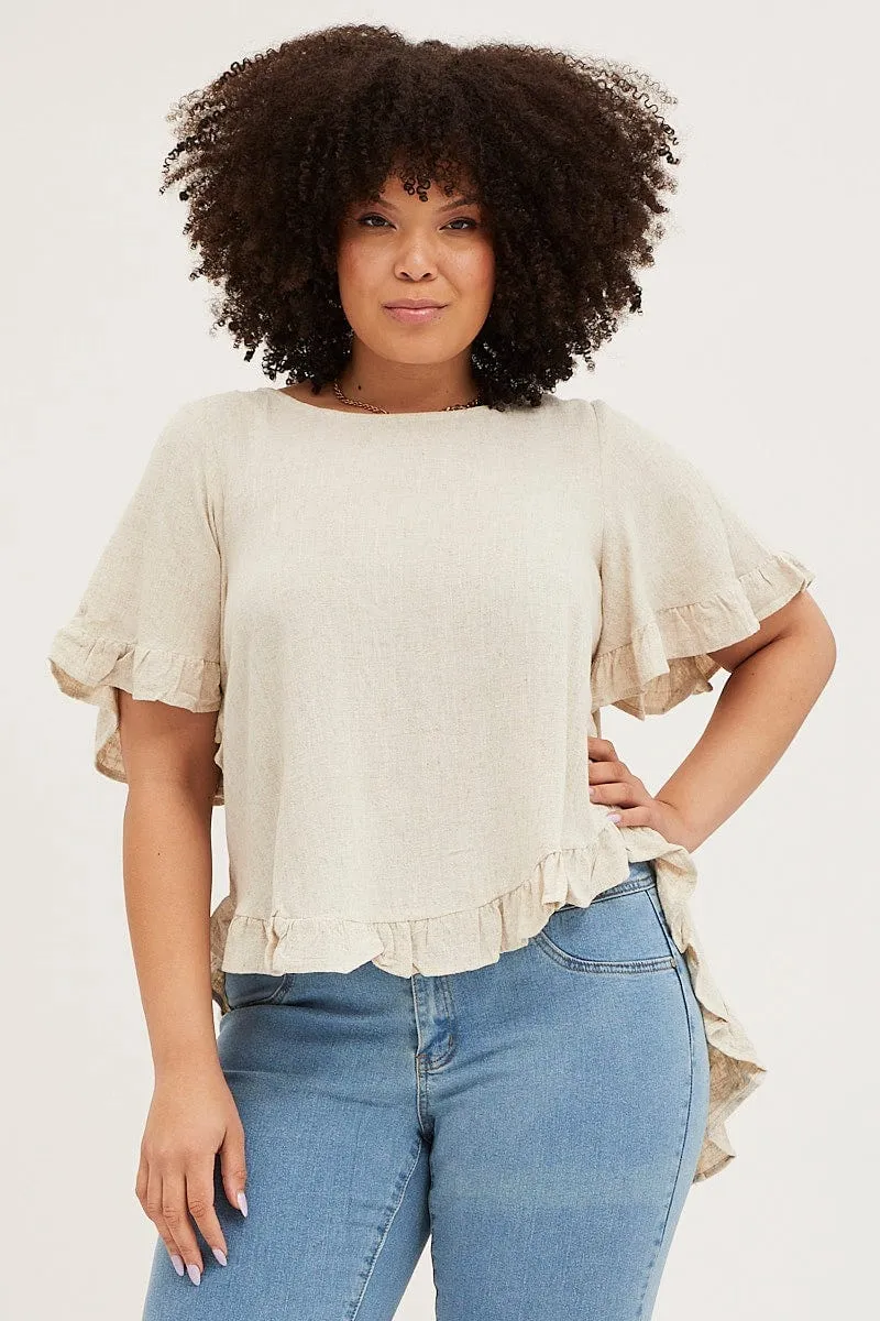 Beige Linen Shell Top Short Sleeve Ruffle