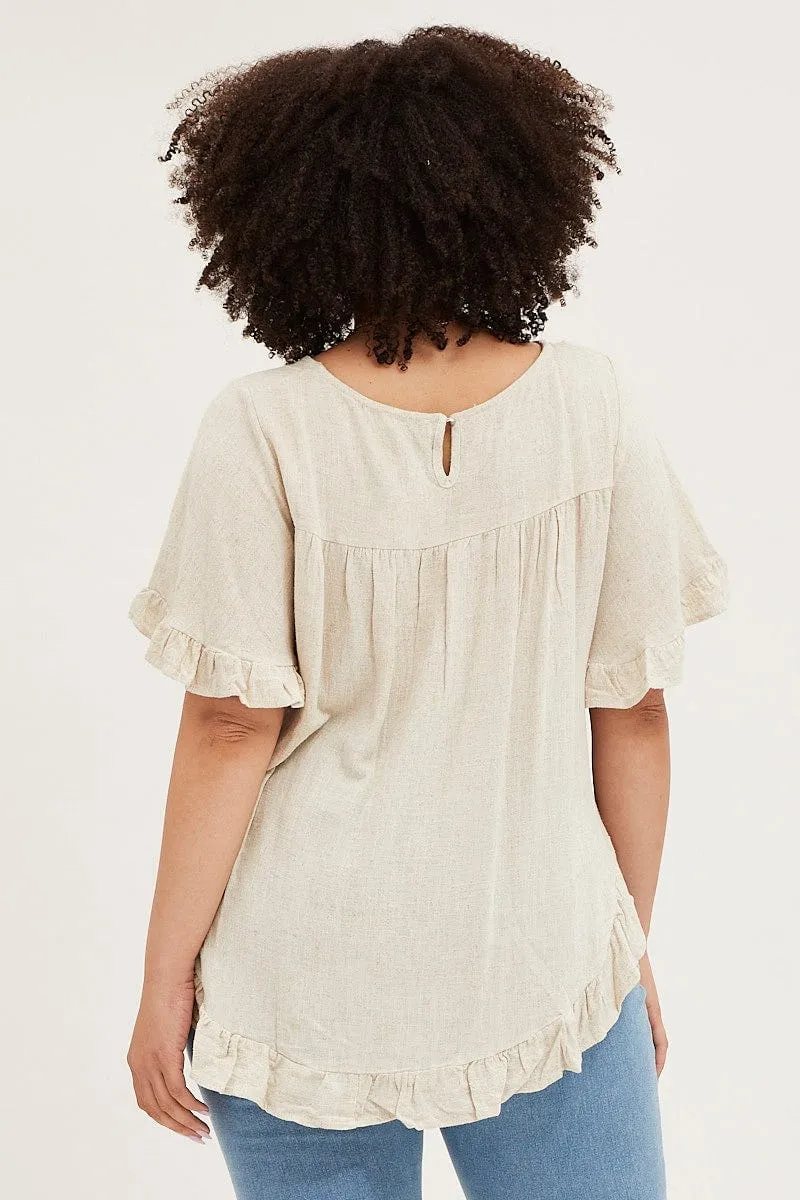 Beige Linen Shell Top Short Sleeve Ruffle