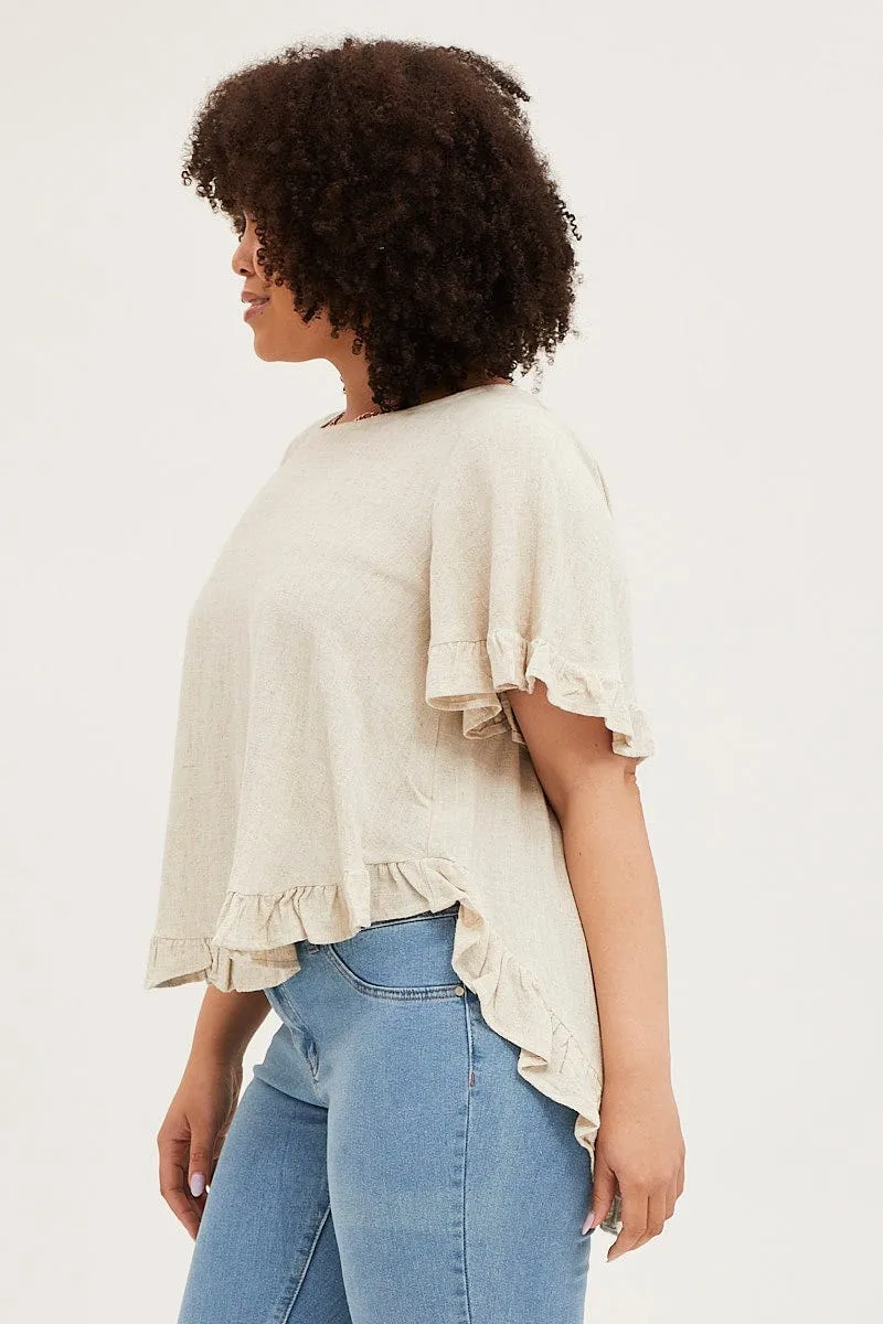 Beige Linen Shell Top Short Sleeve Ruffle