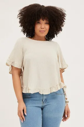 Beige Linen Shell Top Short Sleeve Ruffle