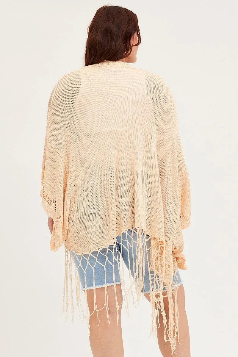 Beige Longline Cardigan Batwing Sleeve Crochet