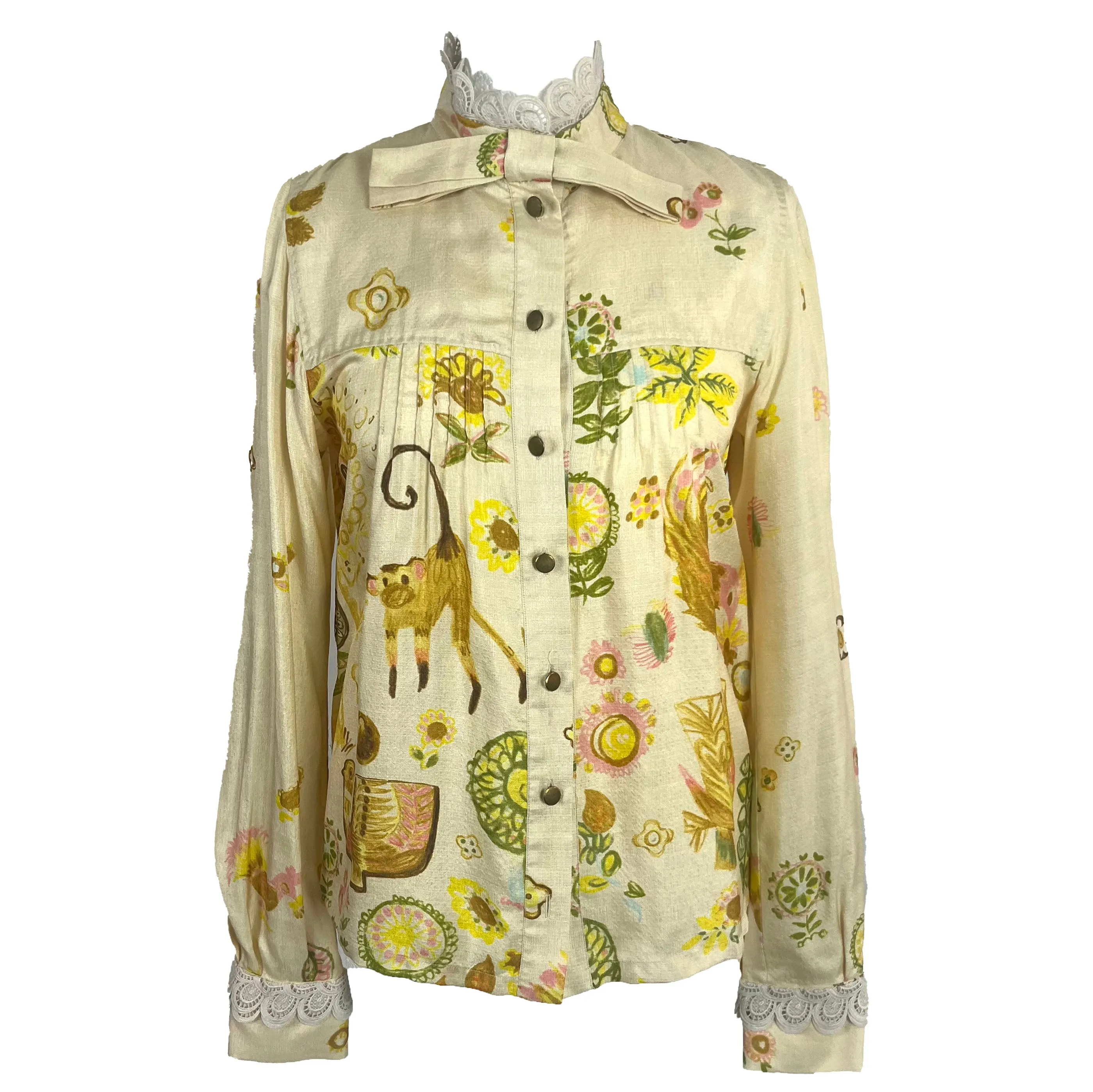 Chloe Deep Cream Animal Painting Silk Blouse M