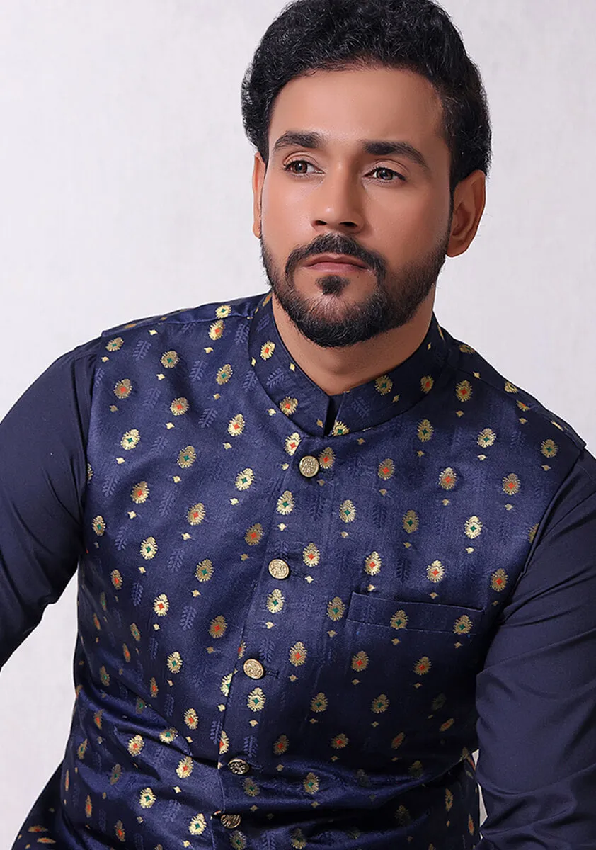 Classic Satin Jamawar Navy Traditional Waistcoat