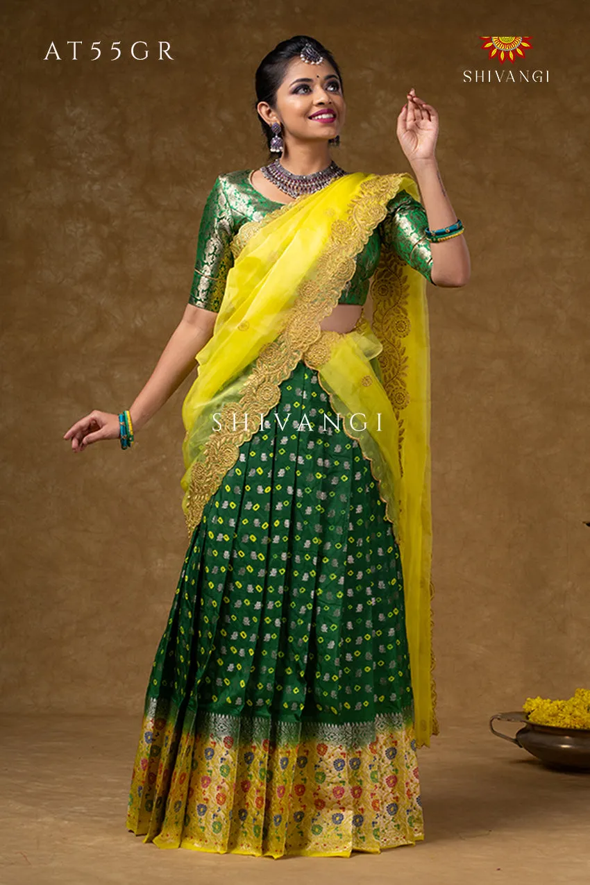 Girls Green Floral Bandhini Half Saree | Langa Davani