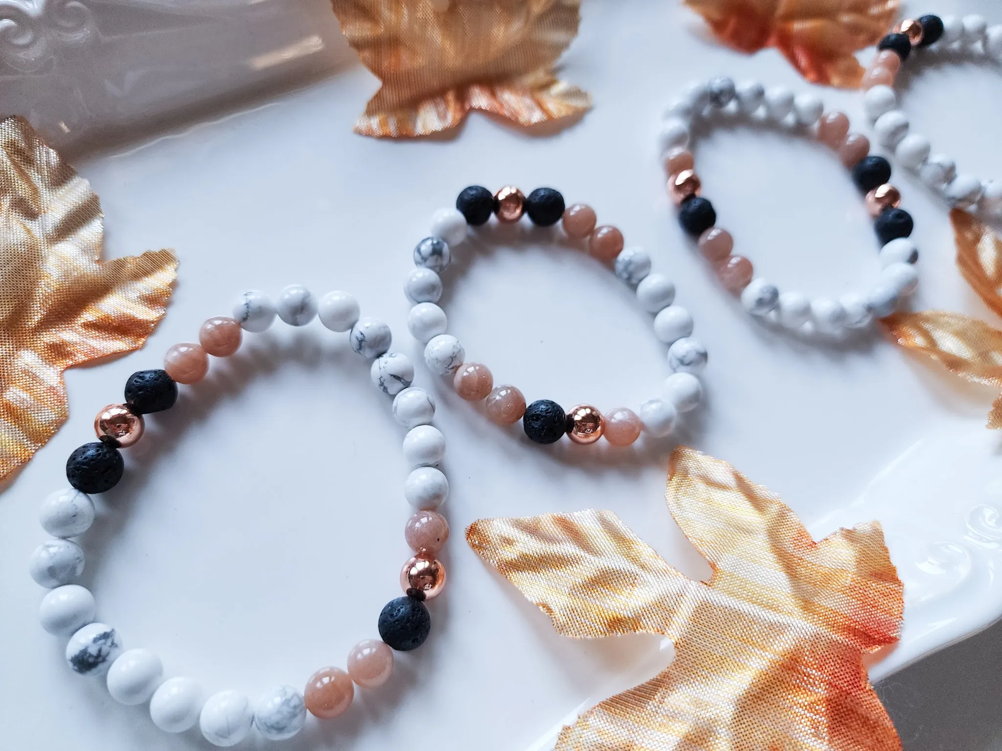 Howlite, Peach Moonstone, Lava & Copper Beaded Bracelet || Reiki Infused