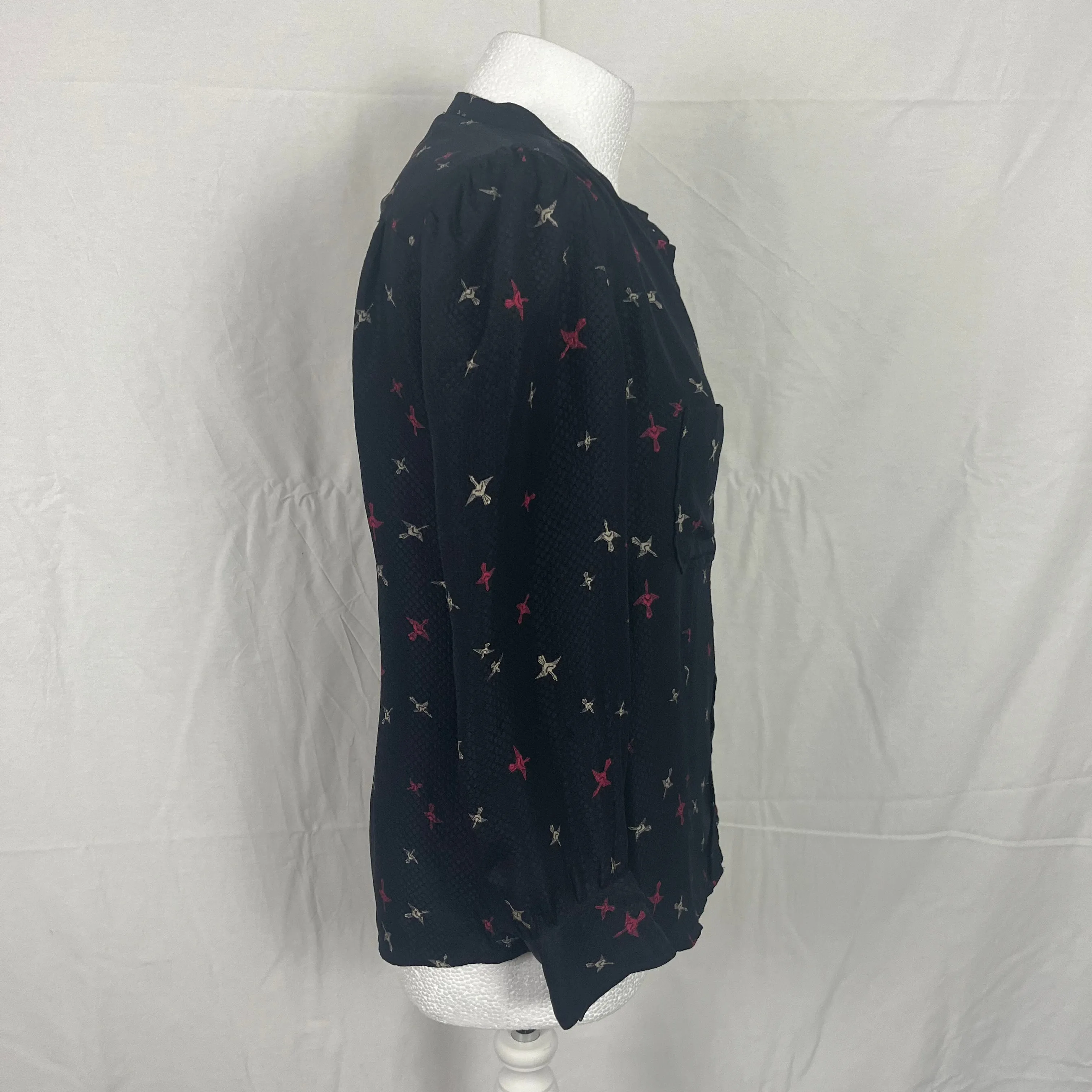 Isabel Marant Elegant Black Silk Blouse with Unique Bird Print, Size M