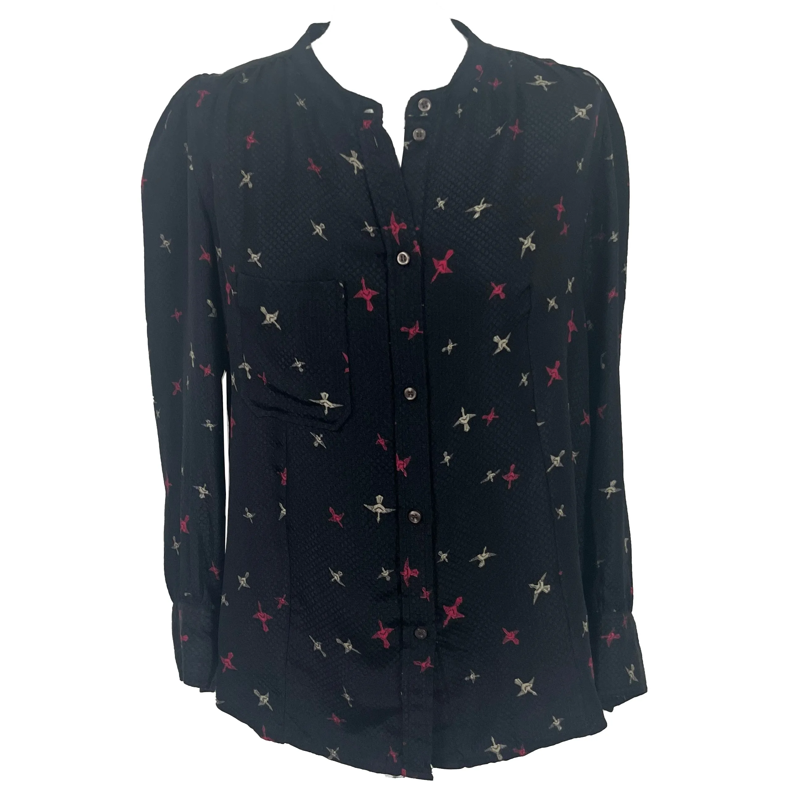 Isabel Marant Elegant Black Silk Blouse with Unique Bird Print, Size M