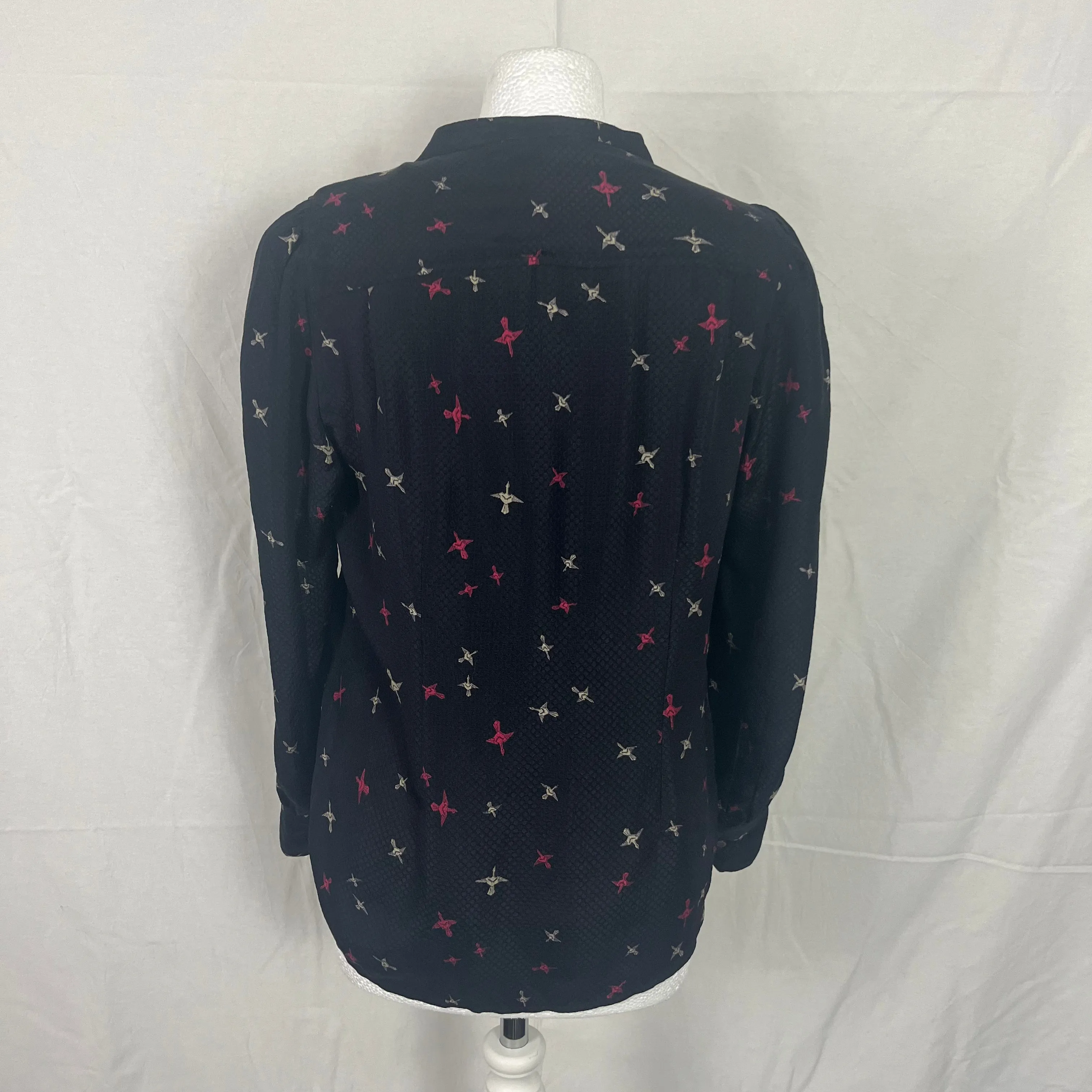 Isabel Marant Elegant Black Silk Blouse with Unique Bird Print, Size M