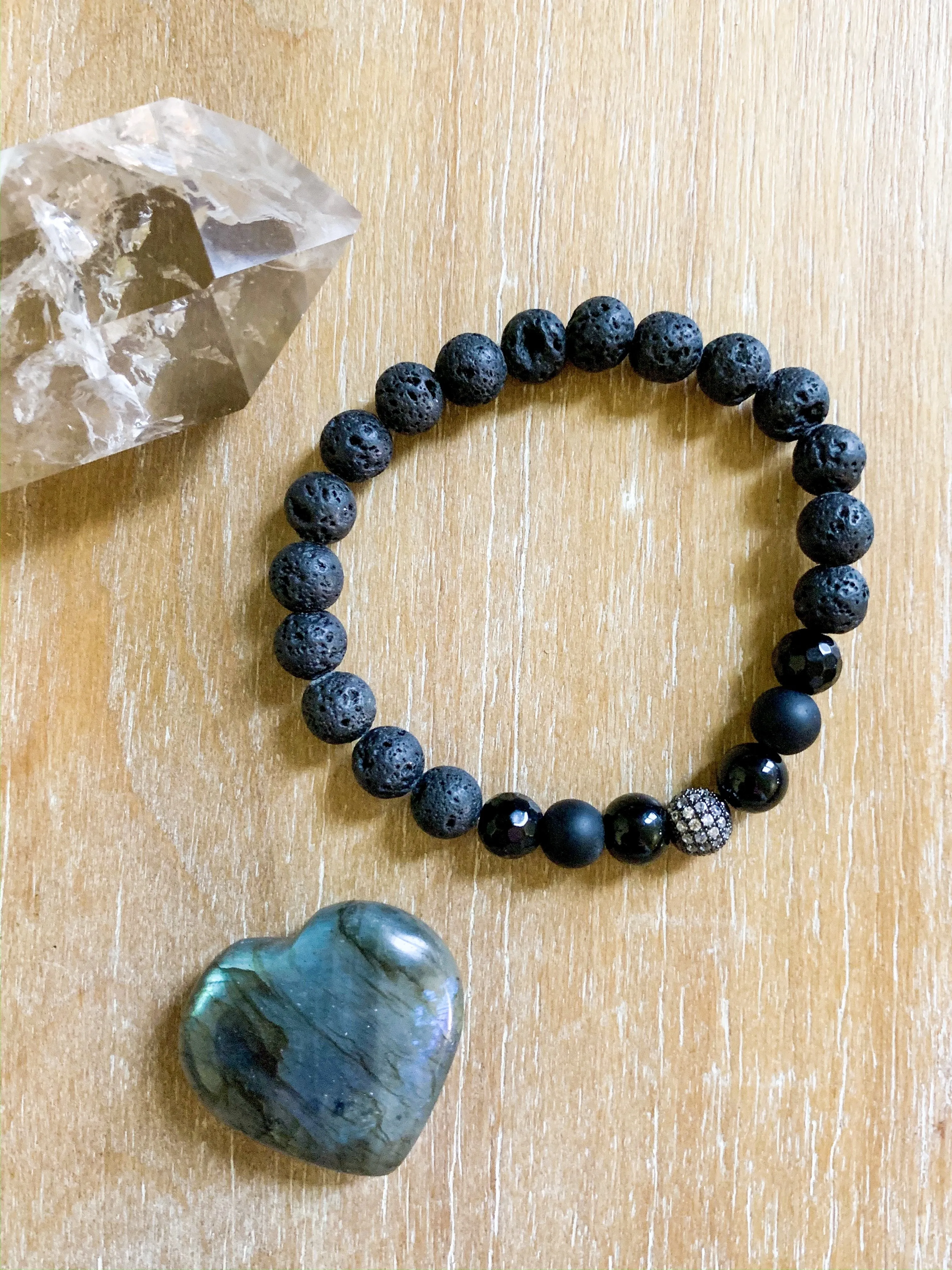 Lava, Black Onyx and Micro Pave CZ Bead Bracelet || Reiki Infused