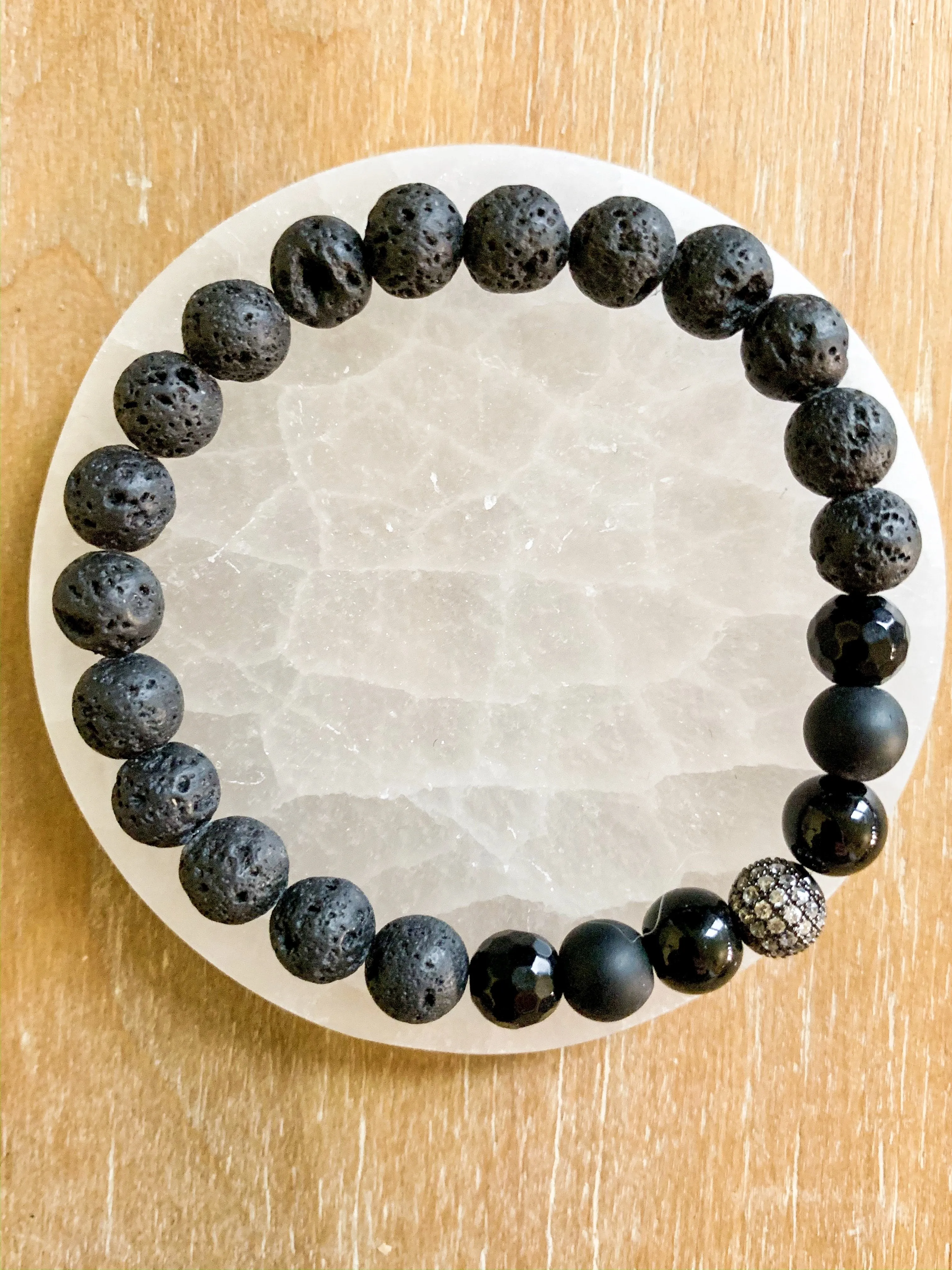 Lava, Black Onyx and Micro Pave CZ Bead Bracelet || Reiki Infused