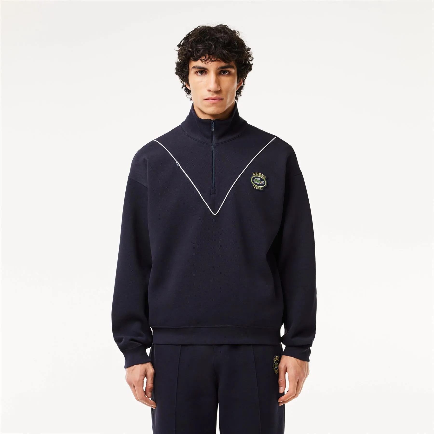 Loose Fit Quarter Zip Cotton Pique Sweatshirt Navy - SS24