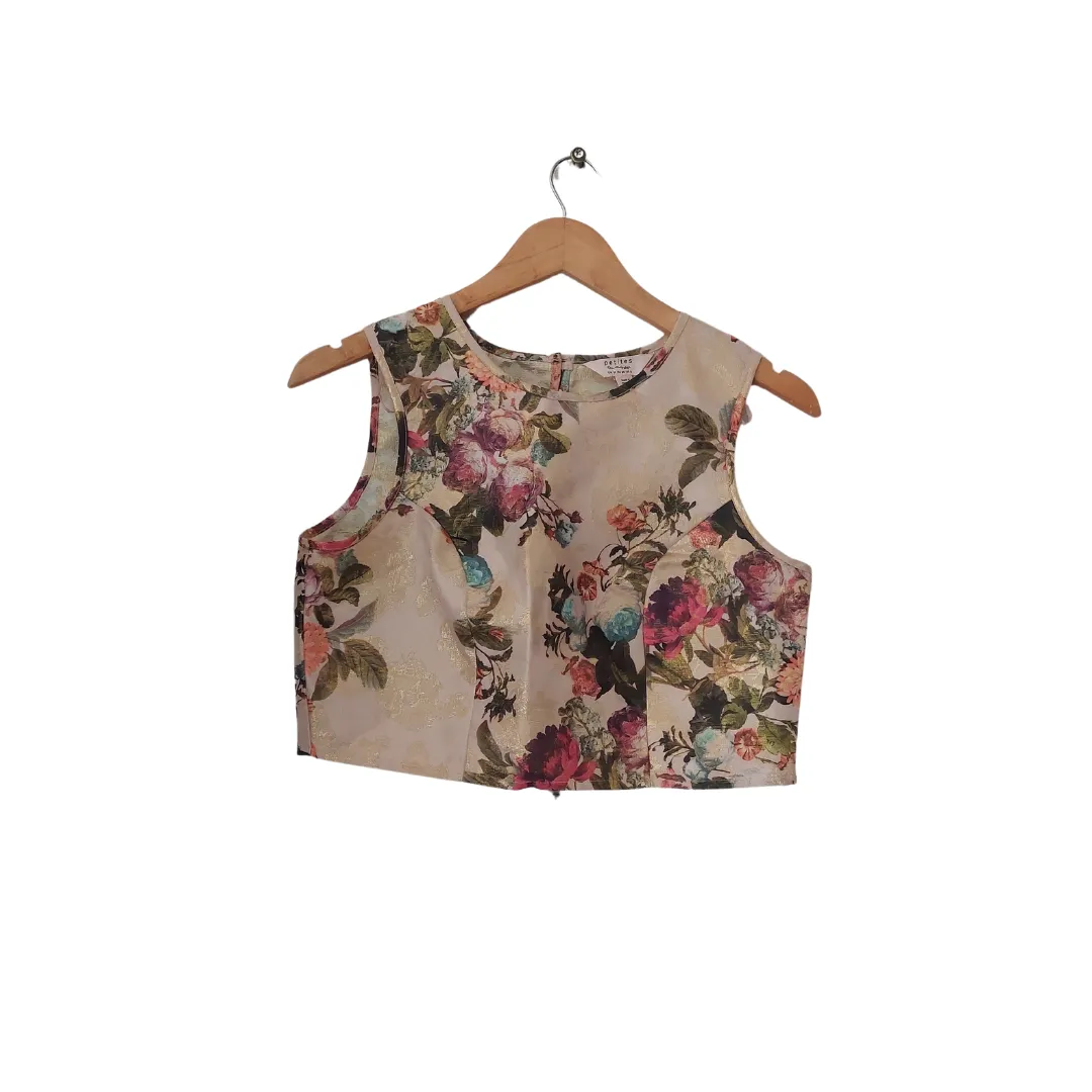 Miss Selfridge Cream Floral Printed Metallic Sleeveless Cropped Blouse | Gently Used |