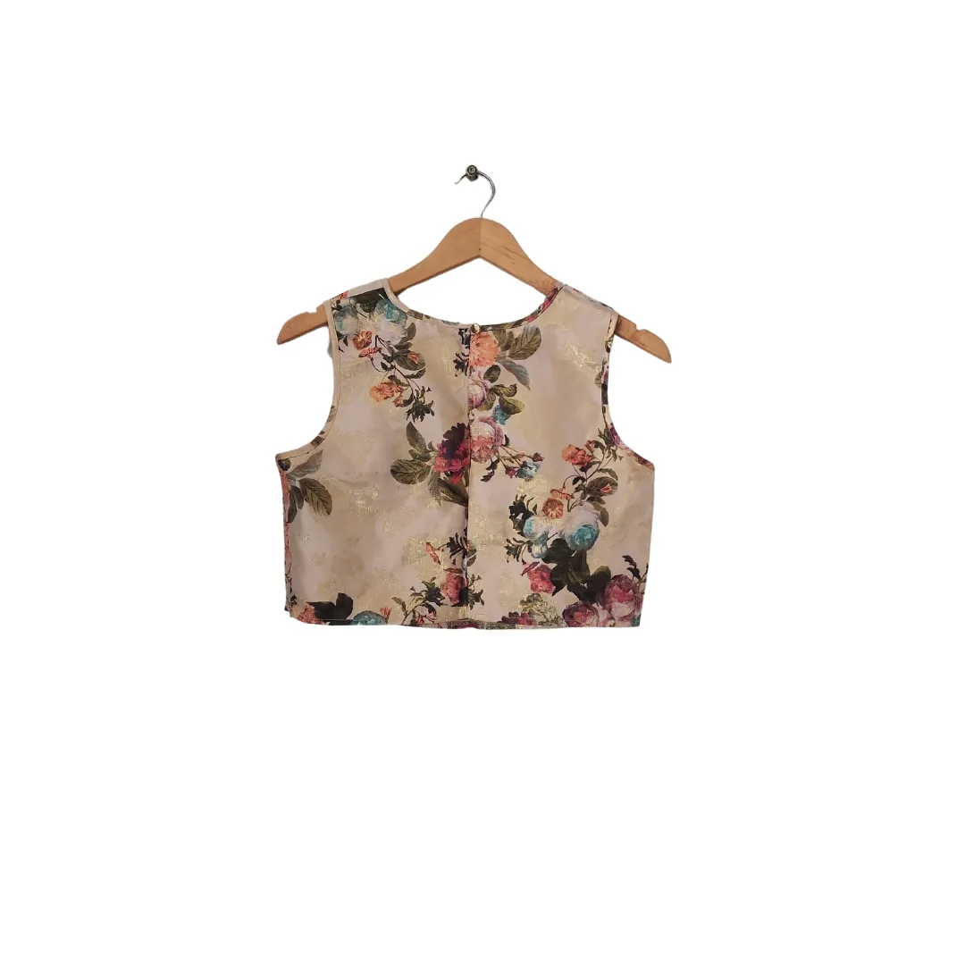 Miss Selfridge Cream Floral Printed Metallic Sleeveless Cropped Blouse | Gently Used |