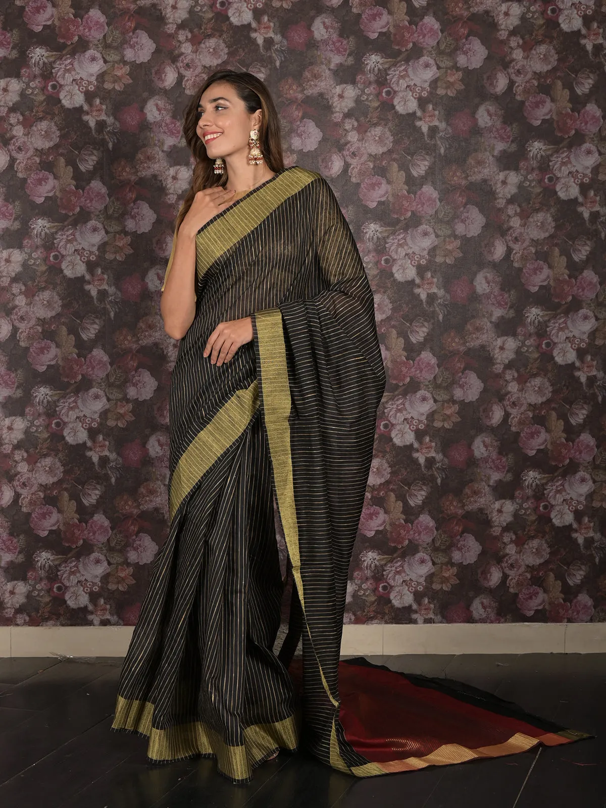 Odette Black Cotton Blend Woven Saree with Unstitched Blouse for Women