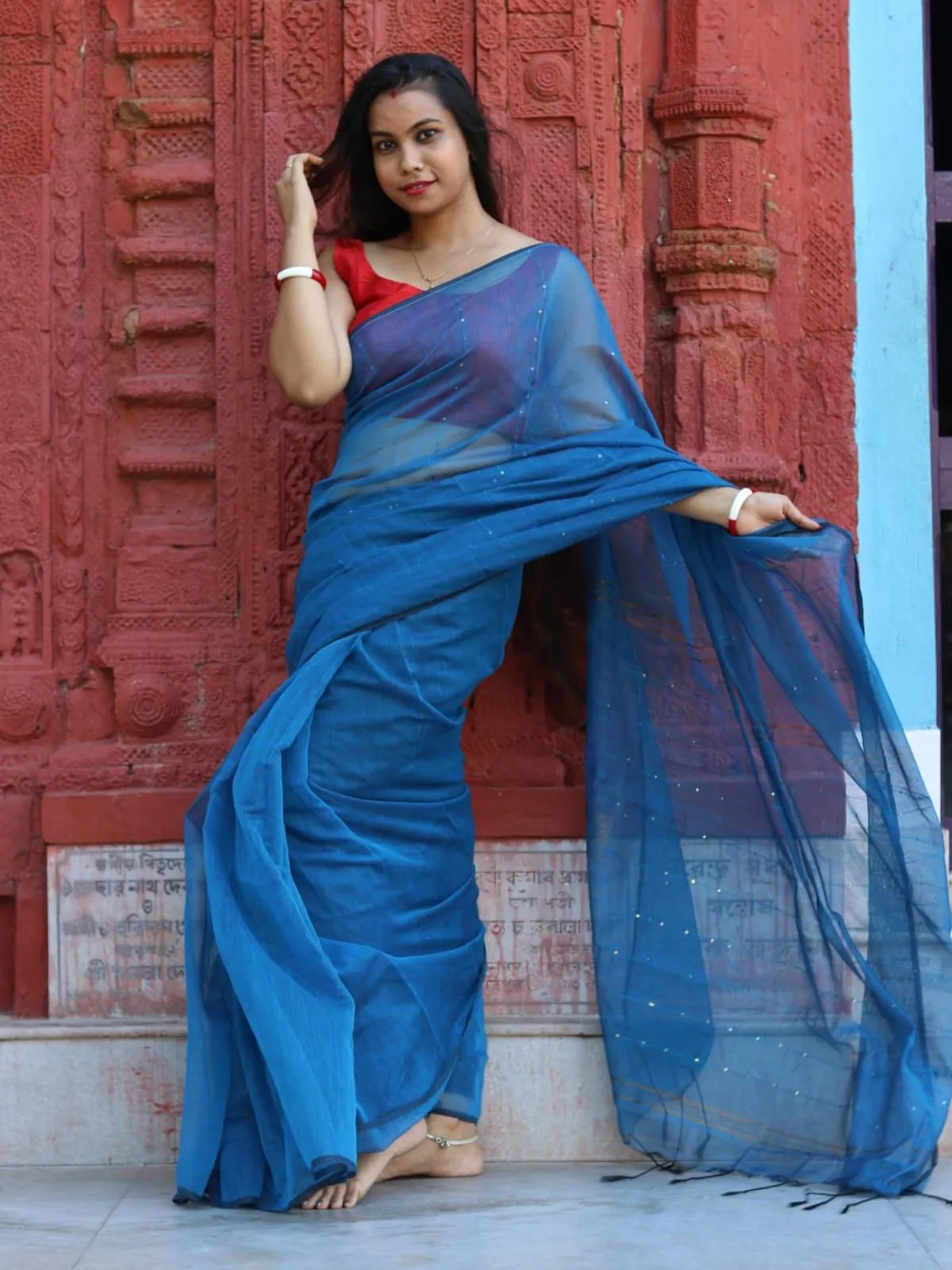 Odette Blue Cotton  Saree  With Unstitched Blouse for Women