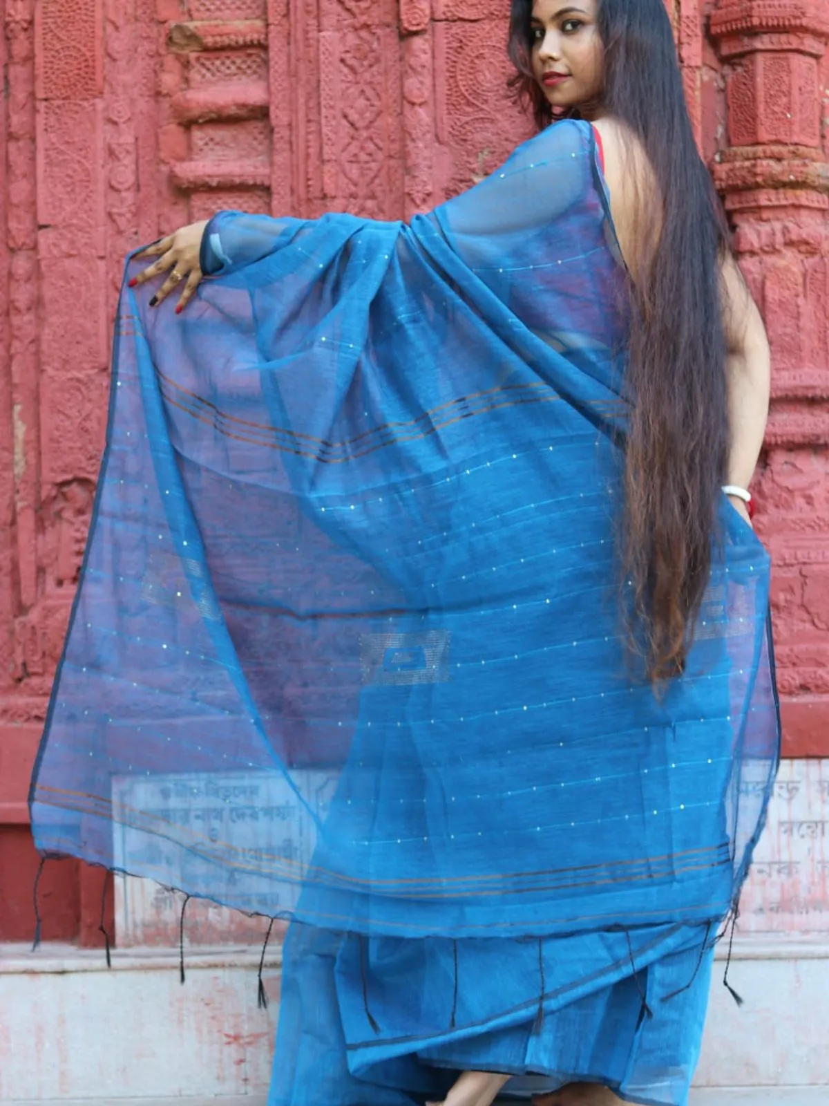 Odette Blue Cotton  Saree  With Unstitched Blouse for Women