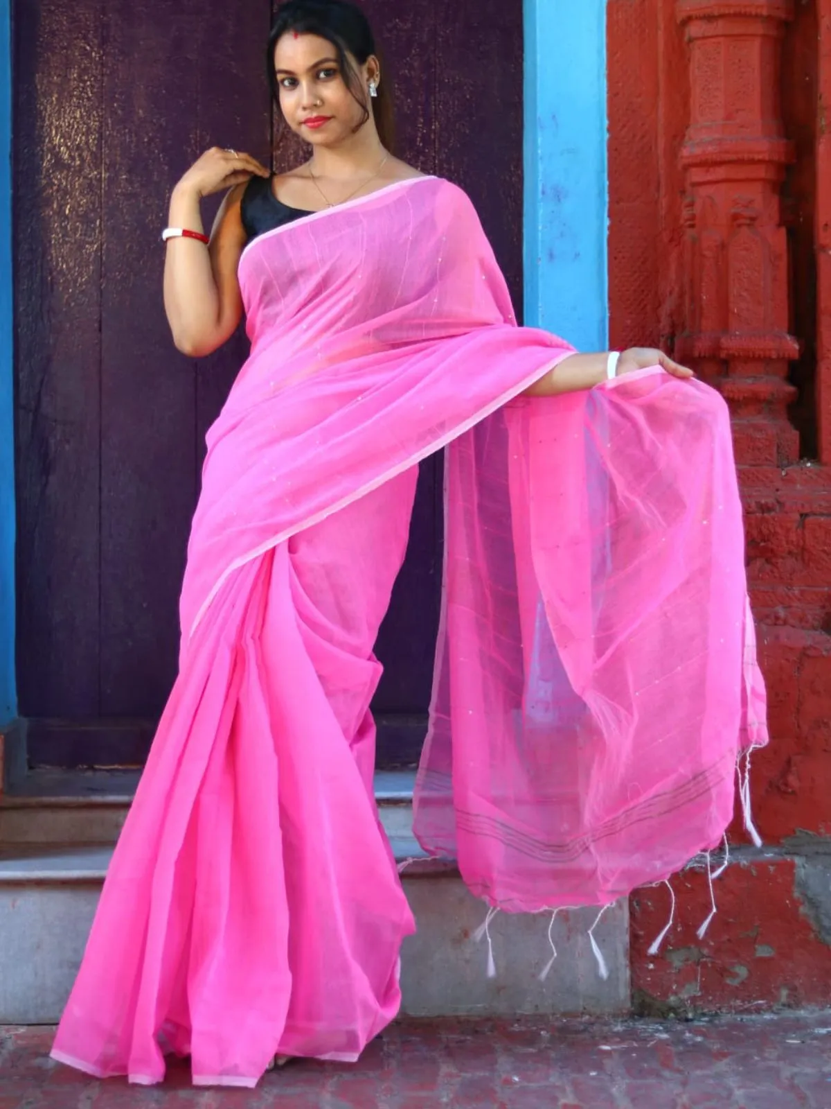 Odette Light Pink Cotton  Saree  With Unstitched Blouse for Women