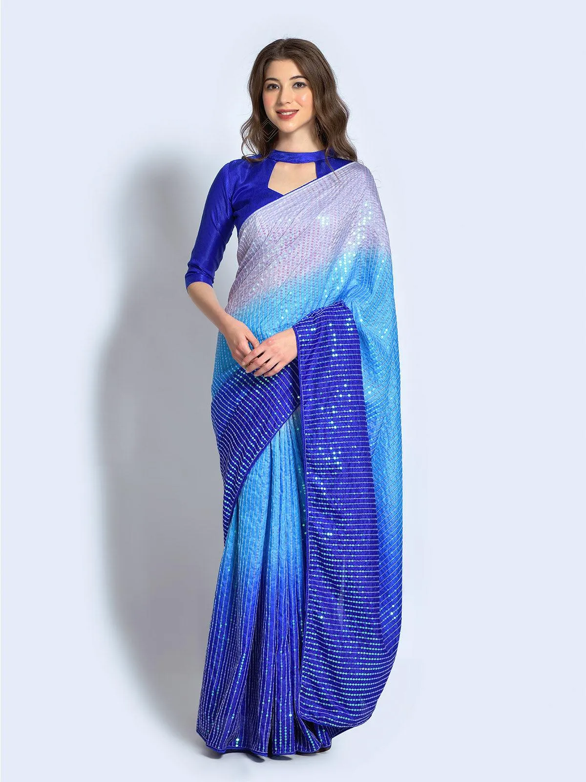 Odette Women Blue Silk Blend Designer Embroidery Saree With Unstitched Blouse