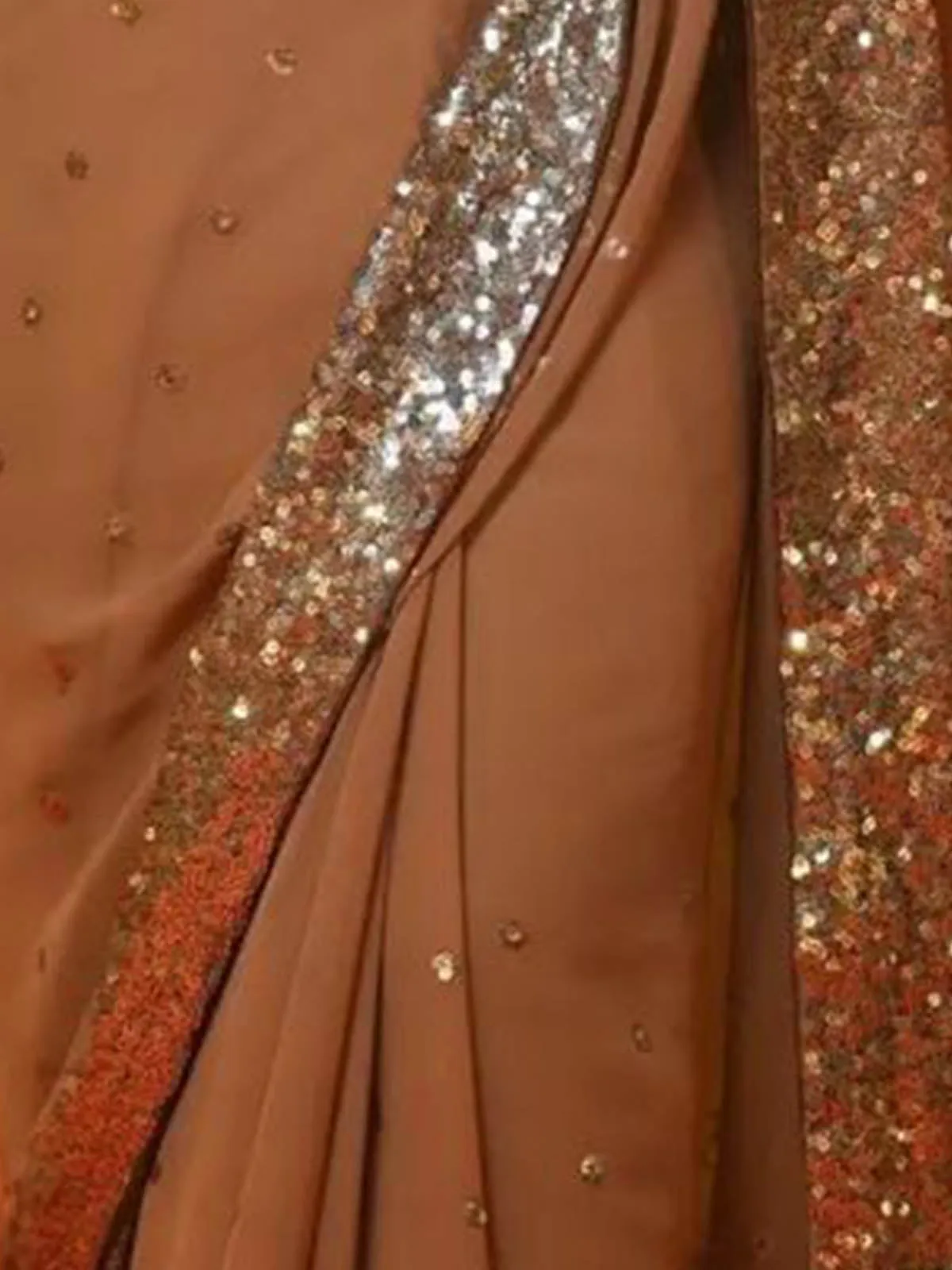 Odette Women Brown Sequin Georgette Saree With Unstitched Blouse