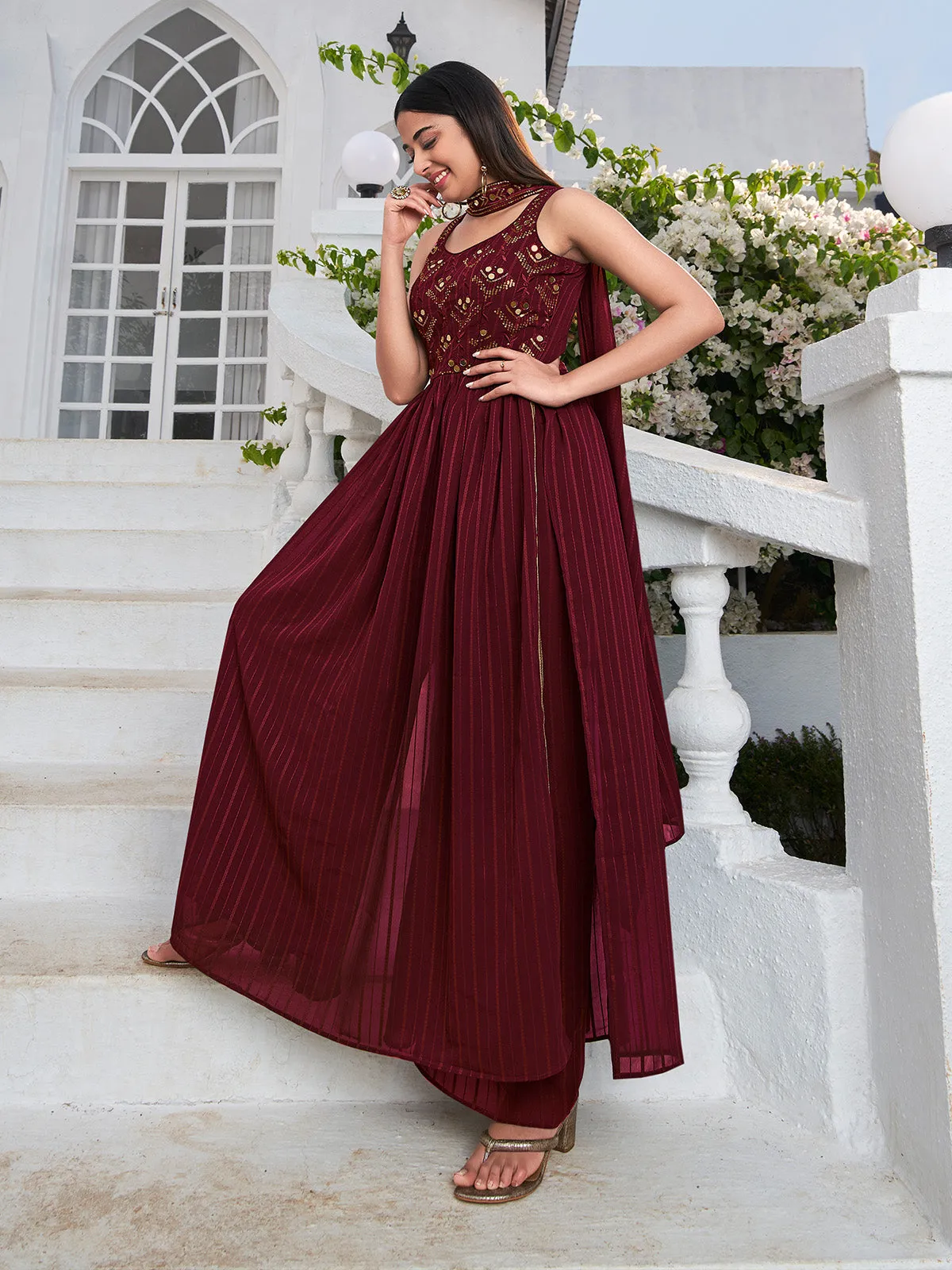 Odette Women Classic Embroidered Maroon Georgette Semi Stitched Gown