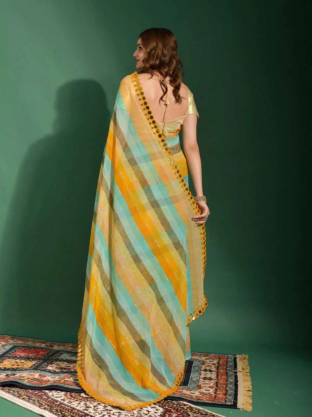 Odette Women Mustard Chiffon Designer Saree With Unstitched Blouse