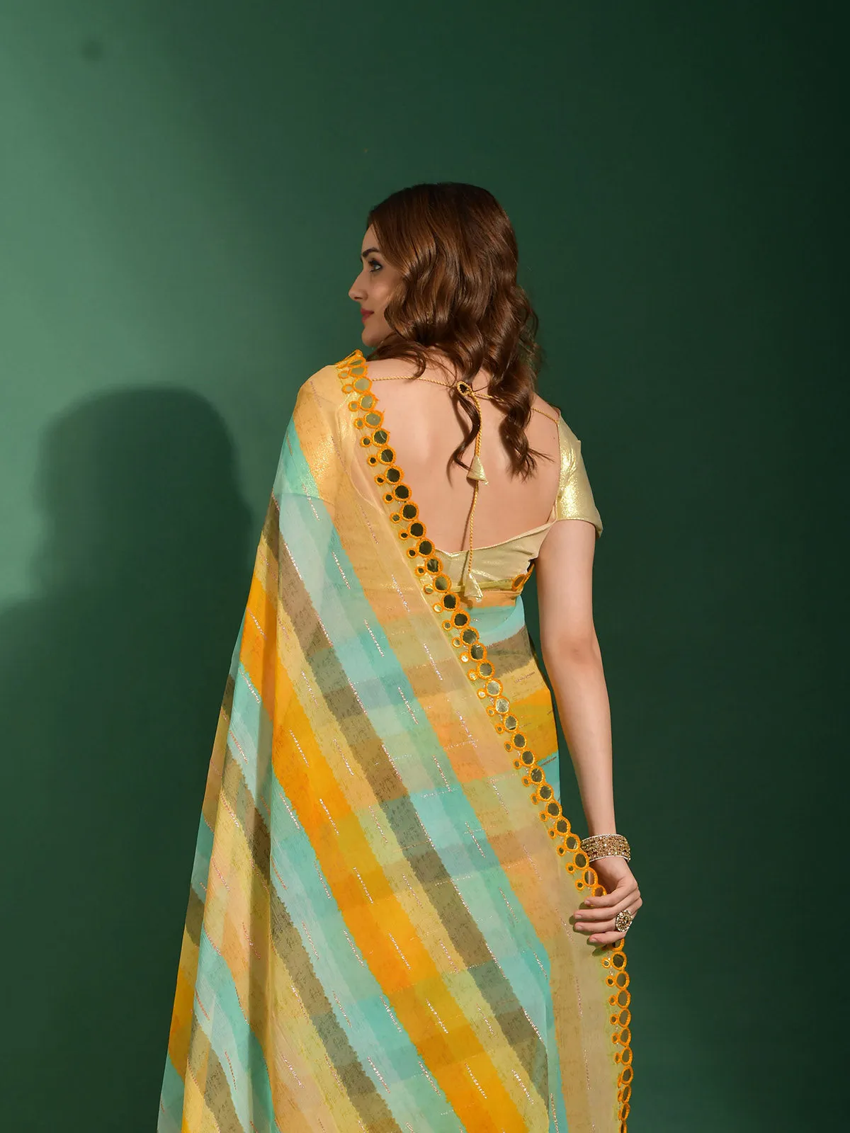 Odette Women Mustard Chiffon Designer Saree With Unstitched Blouse