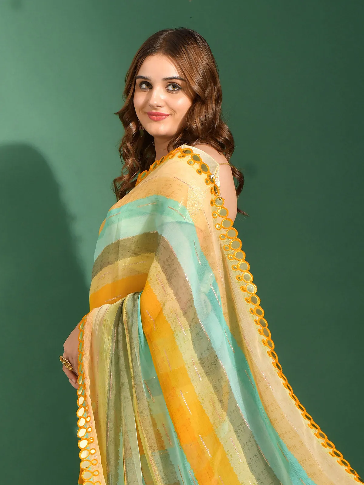 Odette Women Mustard Chiffon Designer Saree With Unstitched Blouse