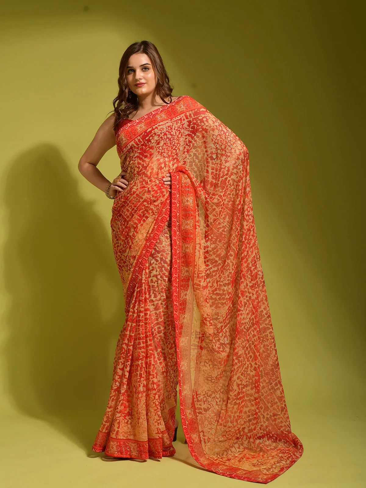 Odette Women Red Georgette Designer Saree With Unstitched Blouse