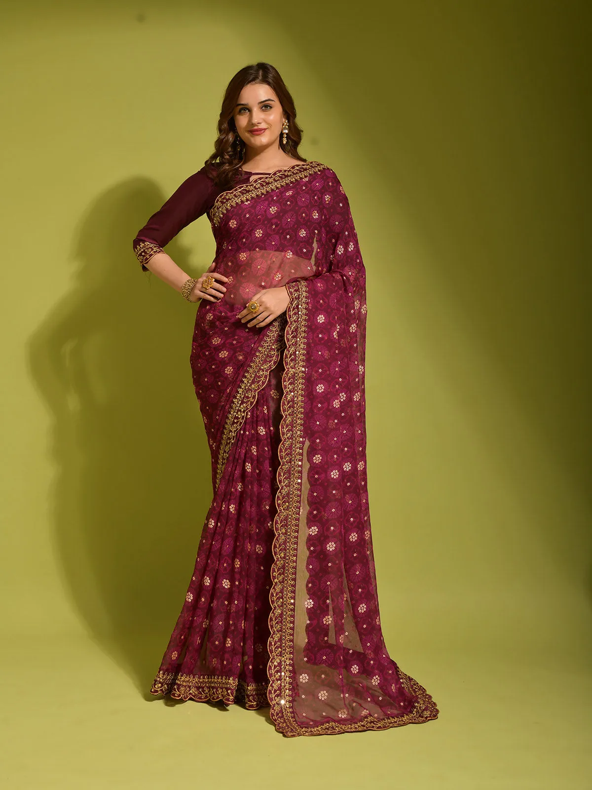 Odette Women Violet Georgette Designer Saree With Unstitched Blouse