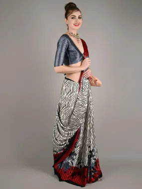 Odette Women White Satin Crepe Stripes Saree With Unstitched Blouse