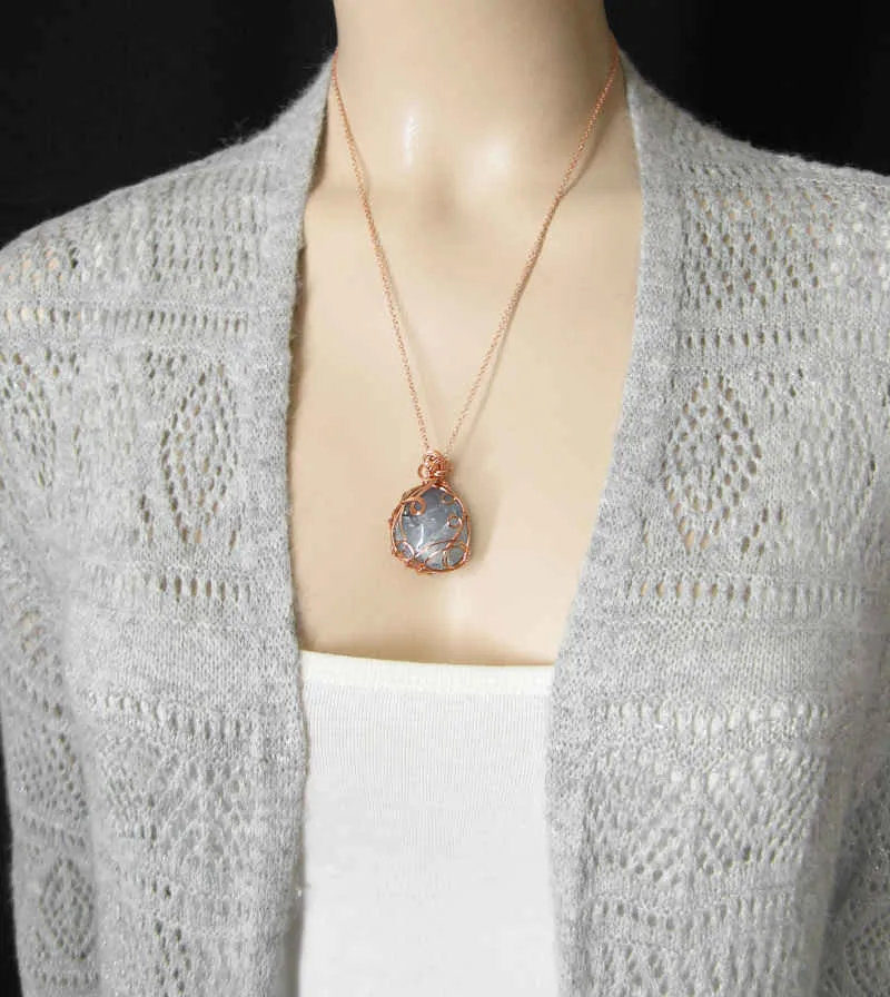 Polished Blue Celestite Pendant Necklace, Copper Wire-Wrapped, with 20 Chain, Handmade #4