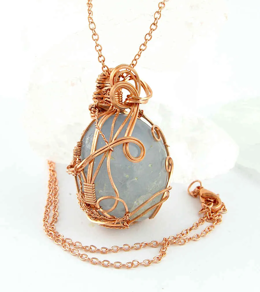 Polished Blue Celestite Pendant Necklace, Copper Wire-Wrapped, with 20 Chain, Handmade #4