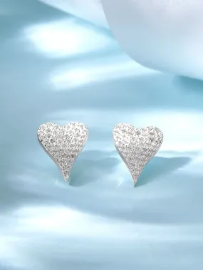 Rubans 925 Silver, Rhodium Plated Pave Zircons Studded Heart Motif Stud Earrings.