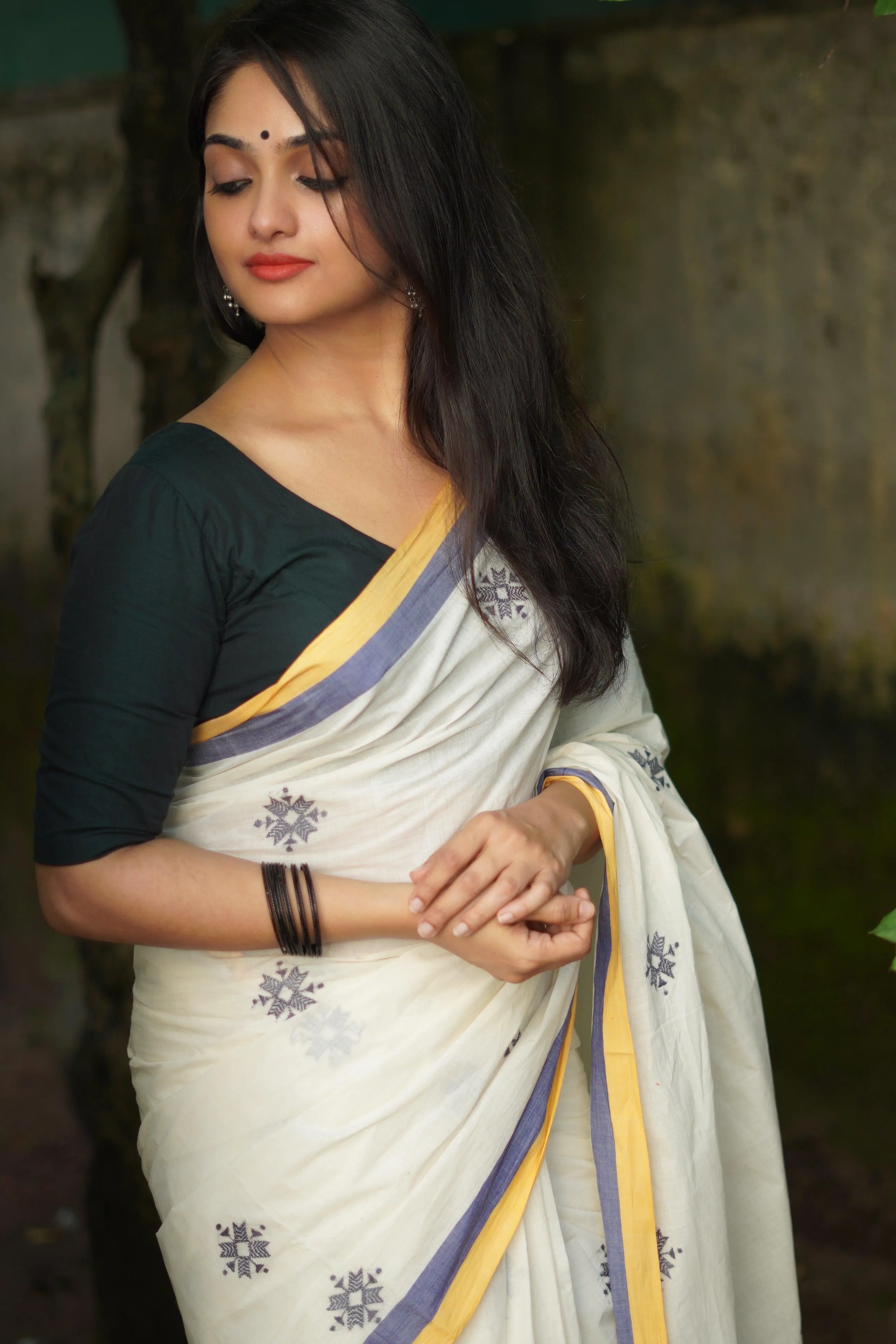 Sitara -  Navya Kerala cotton saree with Kantha work