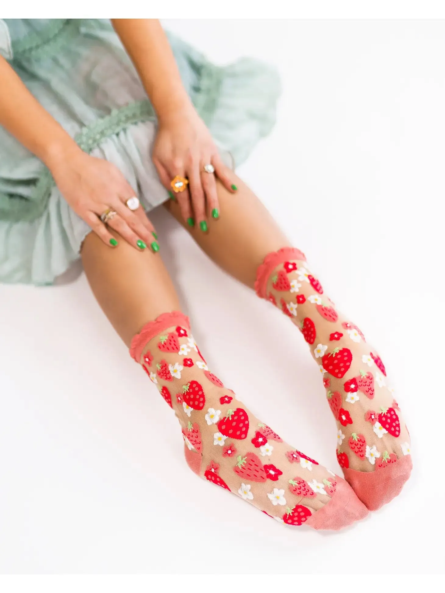 Sock Candy Strawberry Daisy Ruffle Sheer Crew Sock as seen on Chrissy Teigen