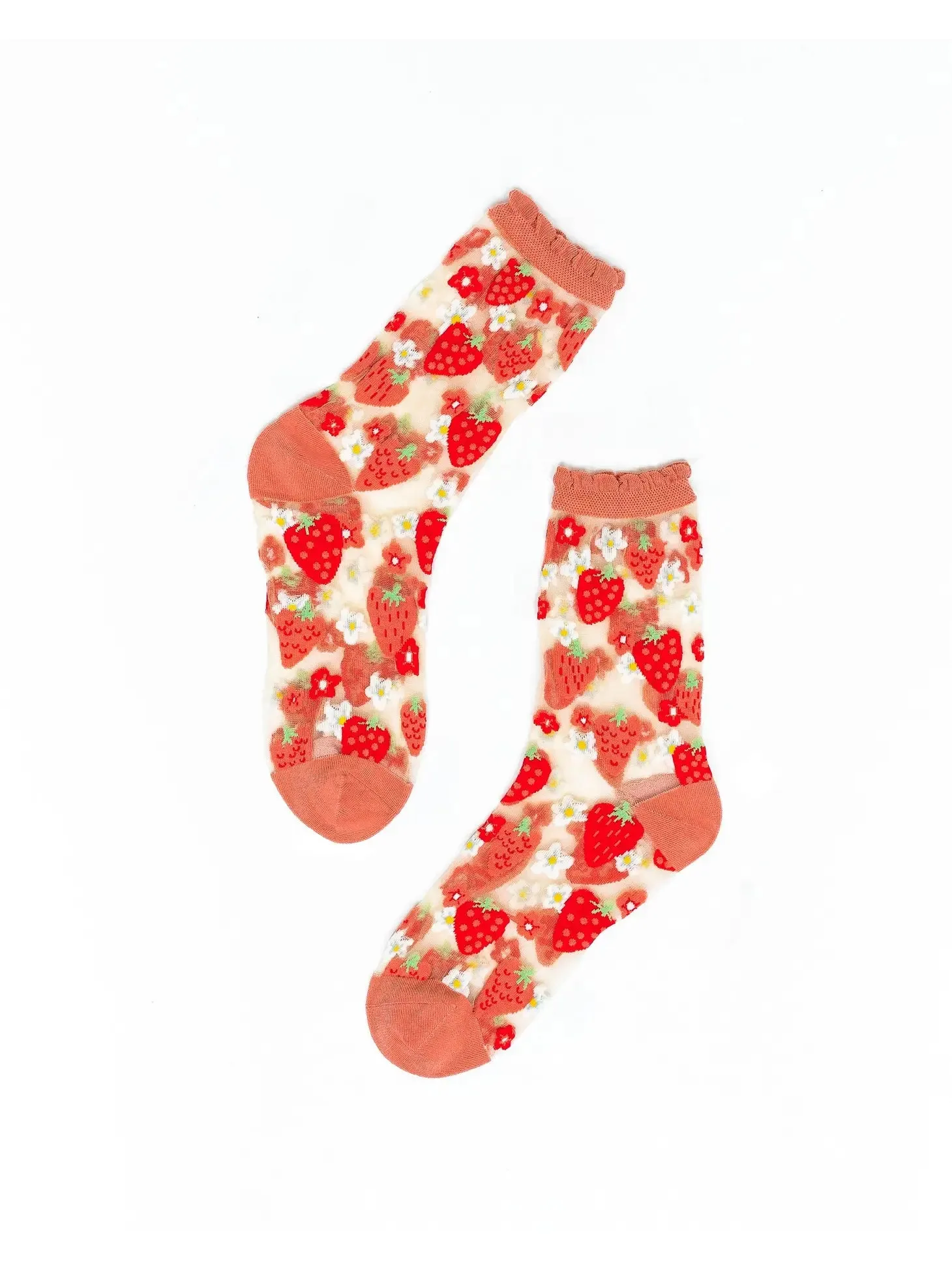 Sock Candy Strawberry Daisy Ruffle Sheer Crew Sock as seen on Chrissy Teigen