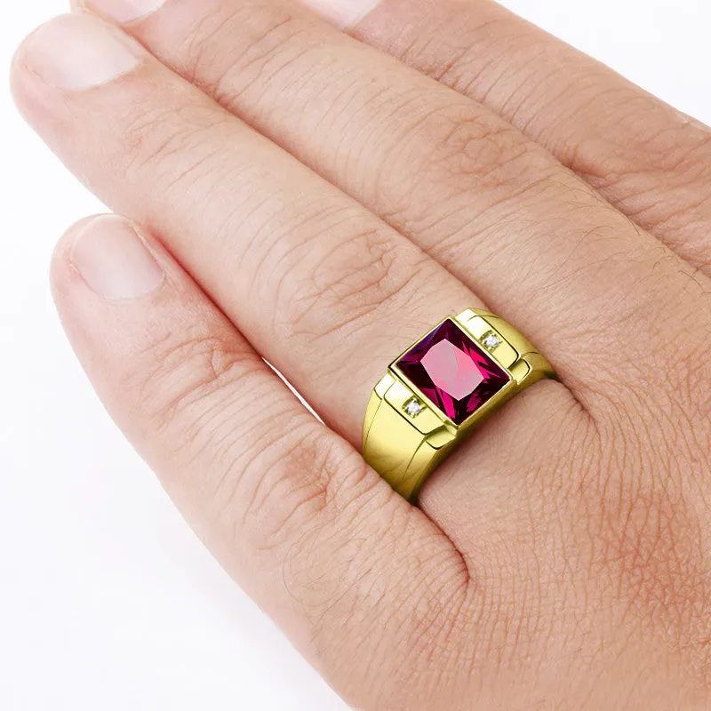 Statement Men's Ring 10k Yellow Gold with Ruby Gemstone and Genuine Diamonds