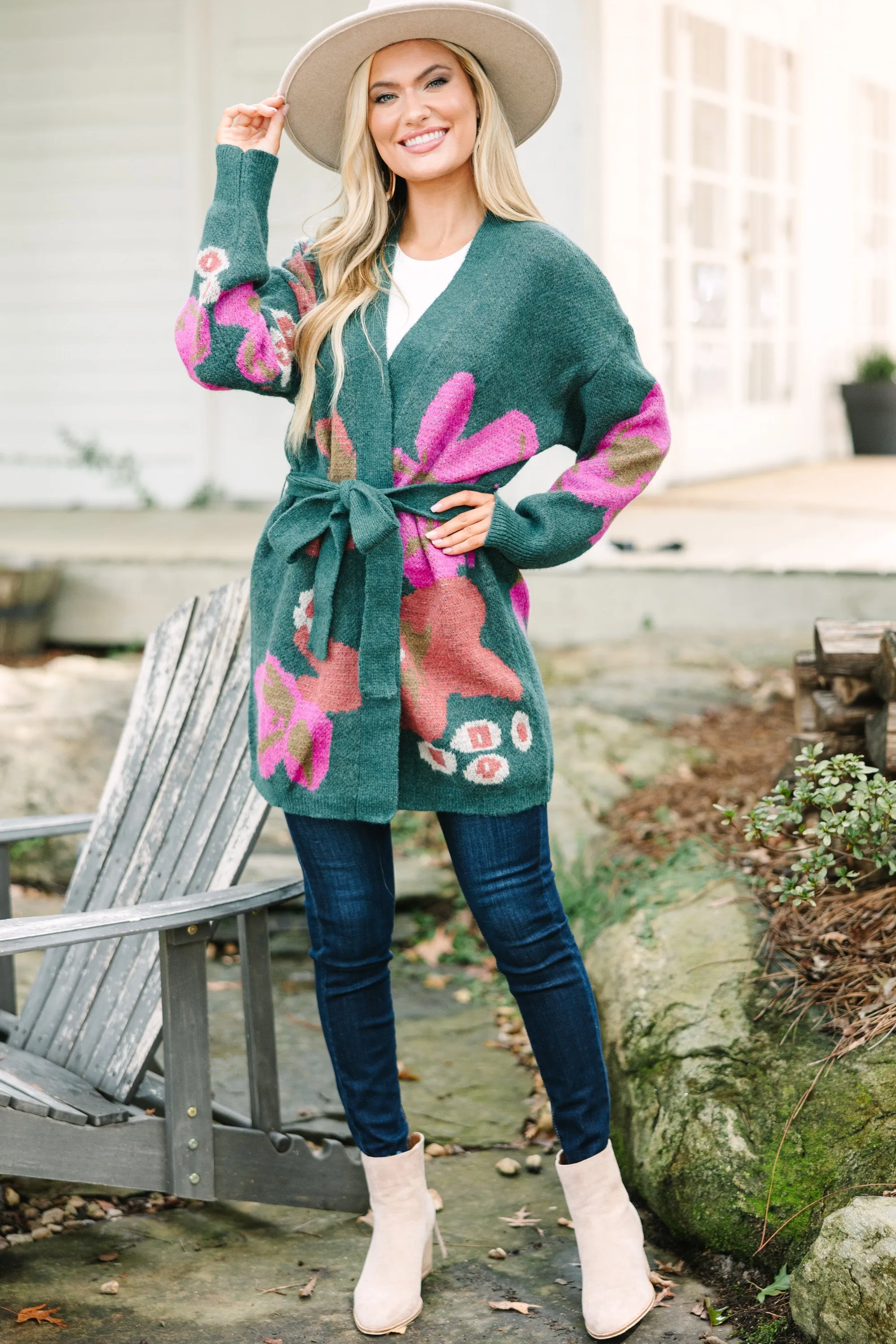 Tell Me More Hunter Green Floral Cardigan