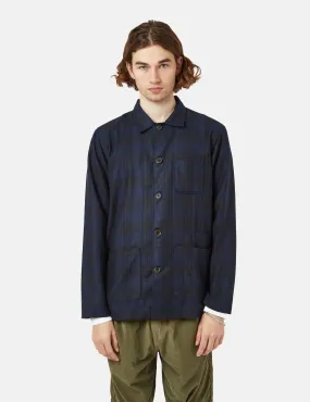 Universal Works Bakers Check Overshirt - Navy Blue