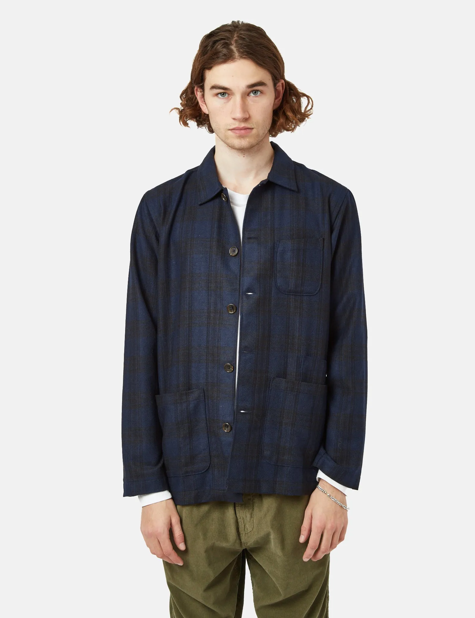 Universal Works Bakers Check Overshirt - Navy Blue