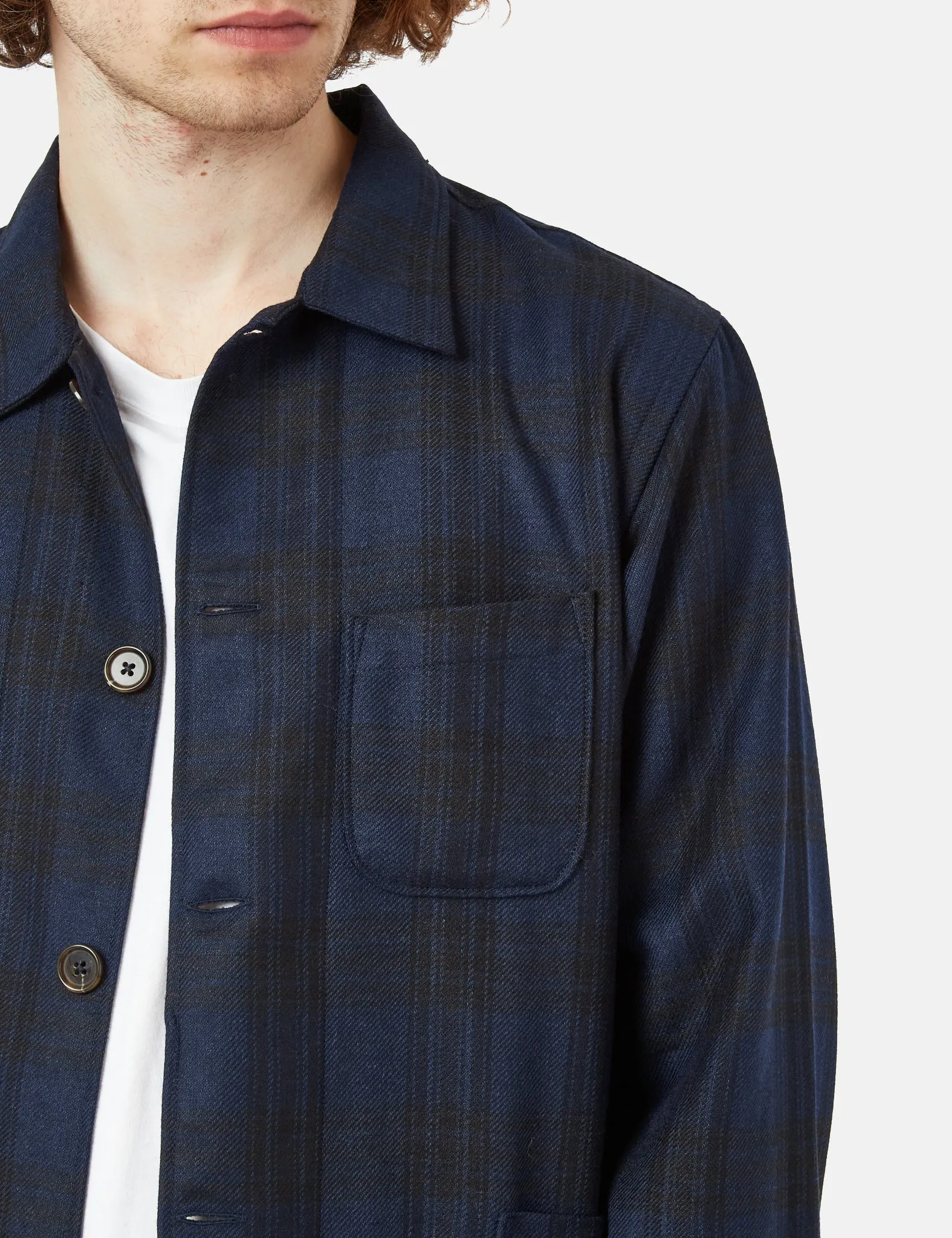 Universal Works Bakers Check Overshirt - Navy Blue