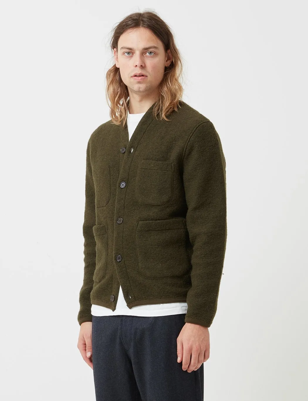 Universal Works Cardigan (Wool Fleece) - Olive Green